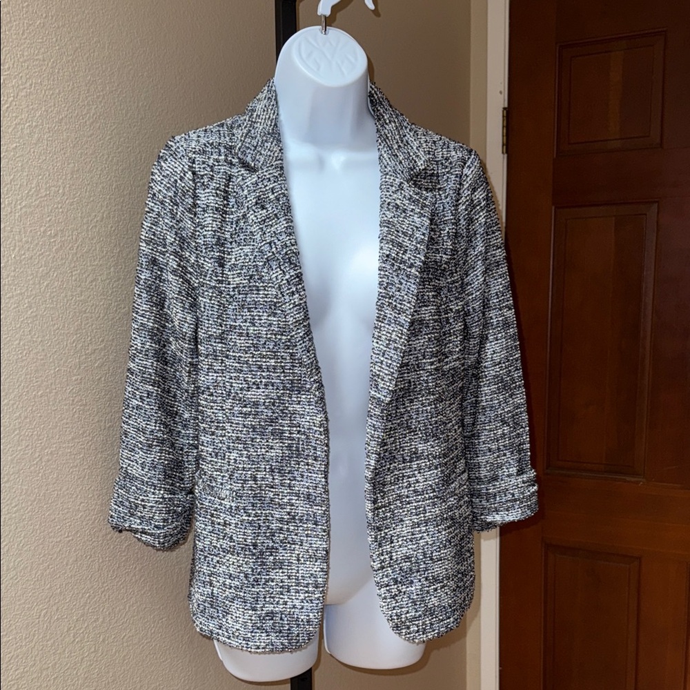 Skies Are Blue Asa Textured Tweed Open Jacket Navy Blue White Women's Size S
